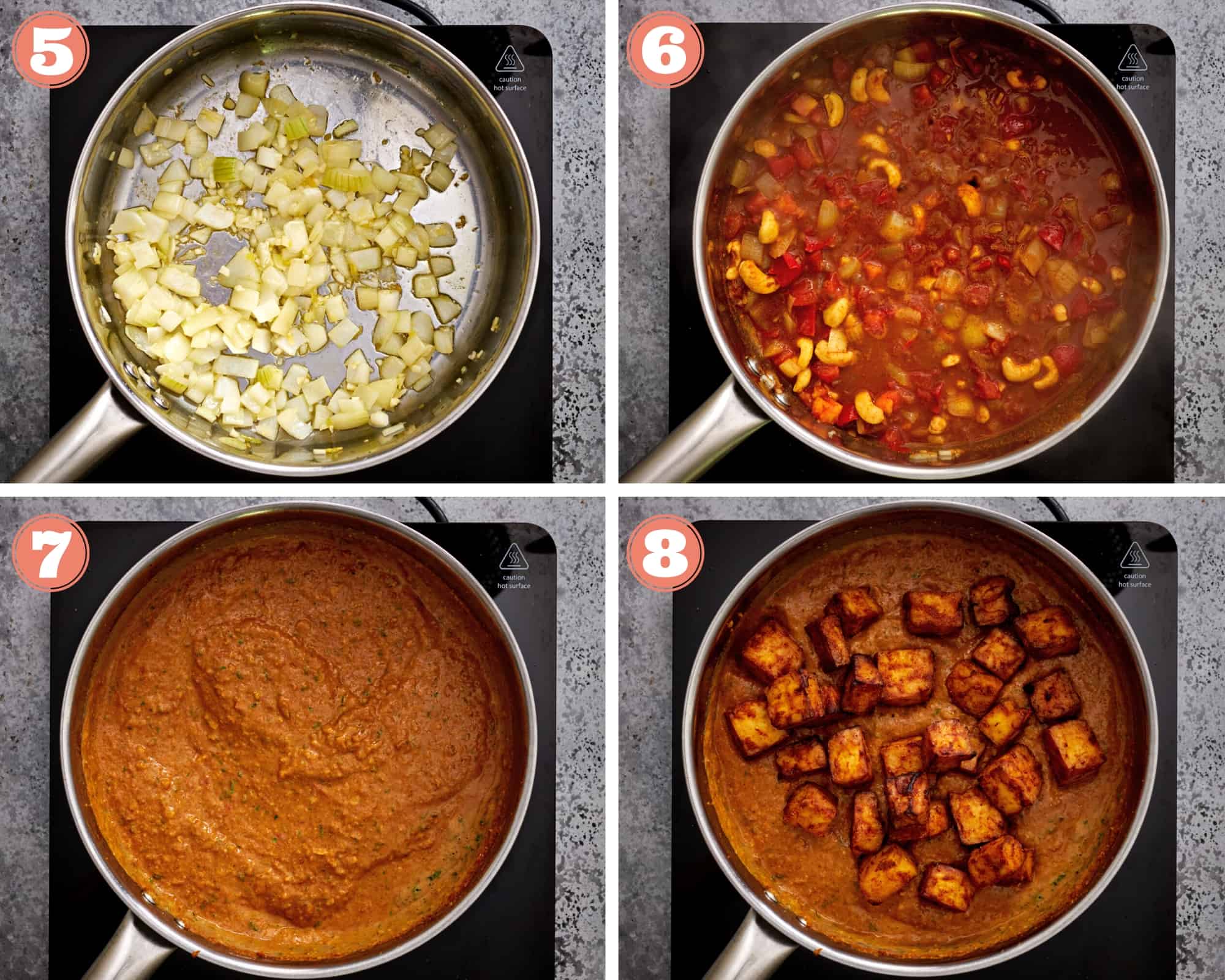 four step grid showing sautéing and simmering tikka masala sauce with tofu