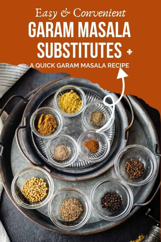 Ground and whole spices on metal plates with title "Garam Masala Substitutes"