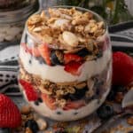 Greek yogurt parfait recipe in glass jar
