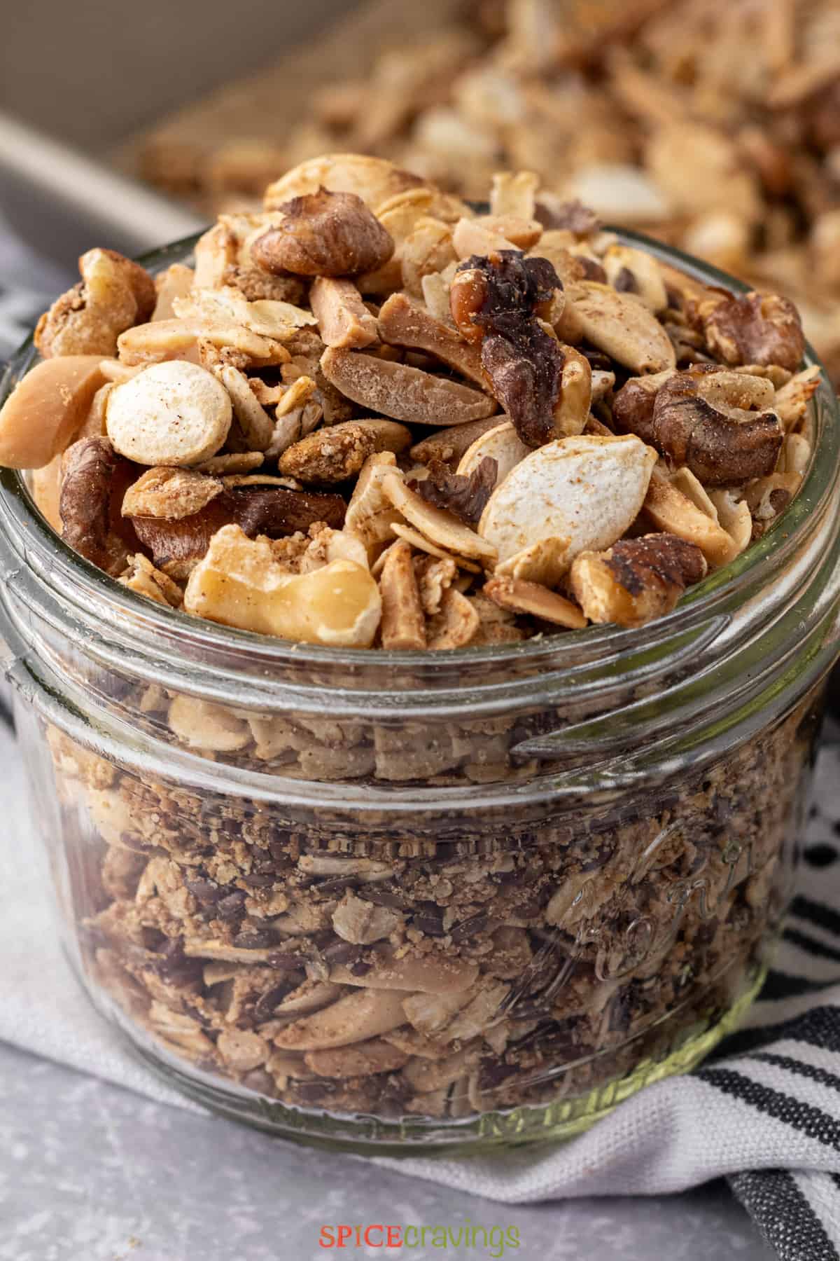 protein rich granola recipe in small glass jar