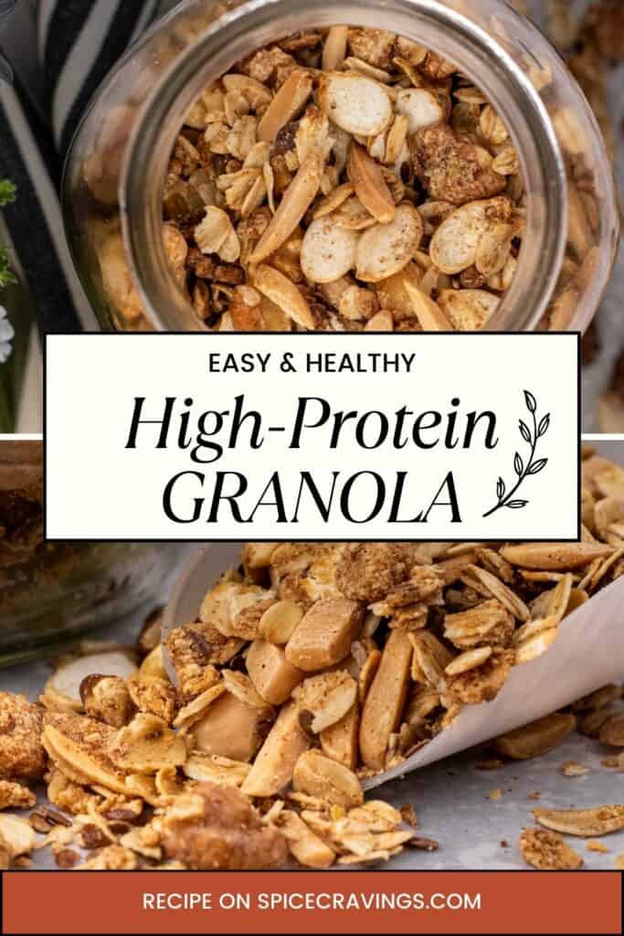 granola with protein pouring out of glass mason jar