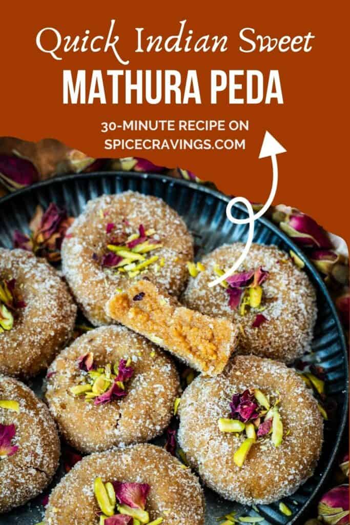 Indian fudge called peda decorated with rose petals and sliced pistachios