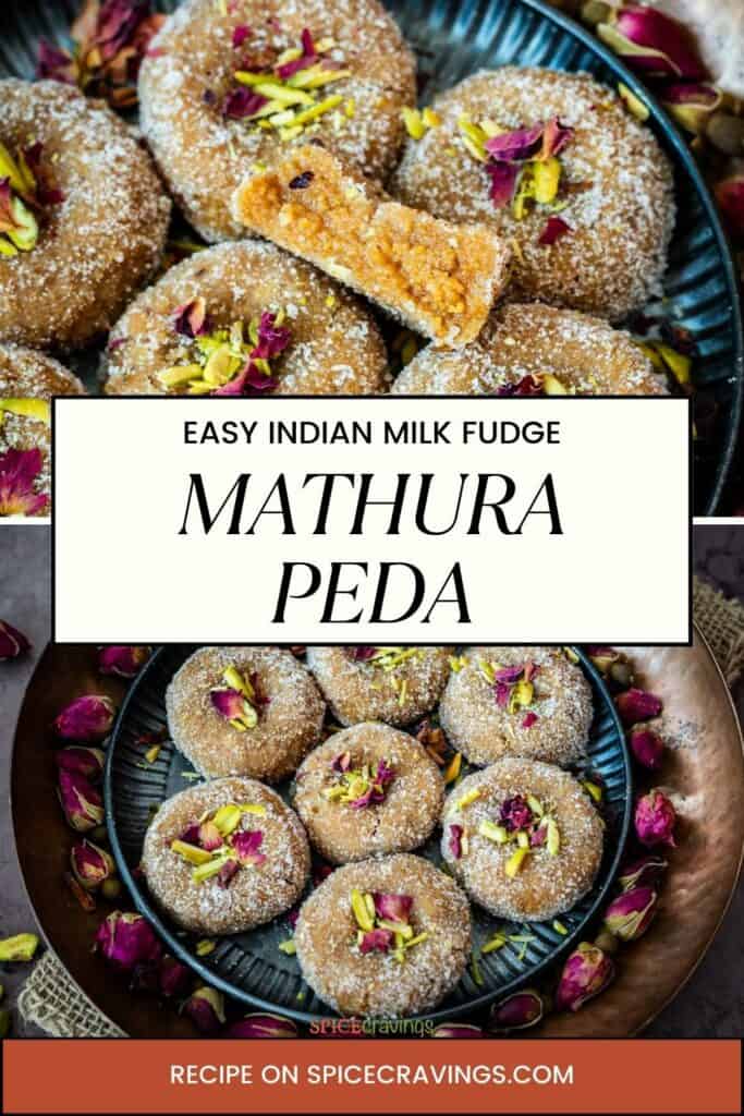 2-image poster for Mathura Peda, showing peda decorated on plate with rose and pistachio