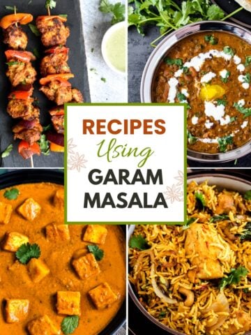 4-image grid of grilled tikka, dal, paneer and rice with title "recipes using garam masala"
