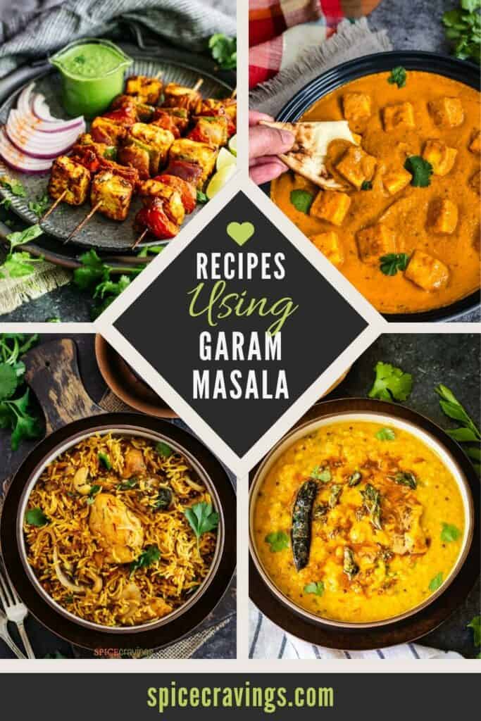 4-image grid of grilled tikka, dal, paneer and rice with title "recipes using garam masala"