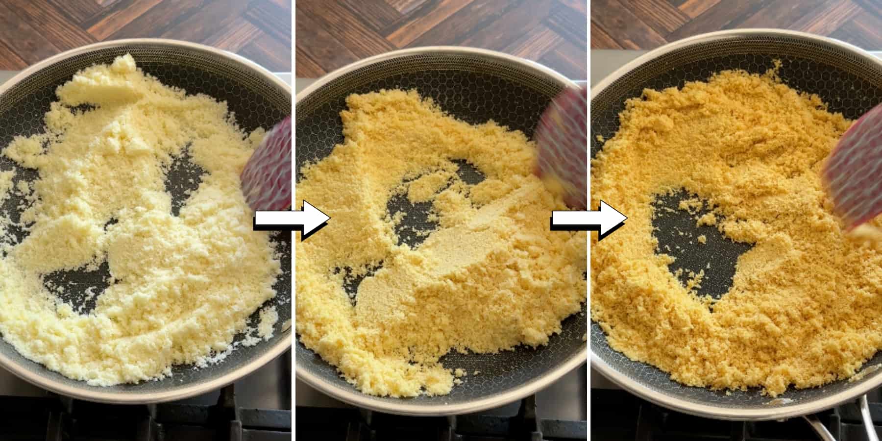 3-photo grid showing different stages of browning milk powder in a skillet