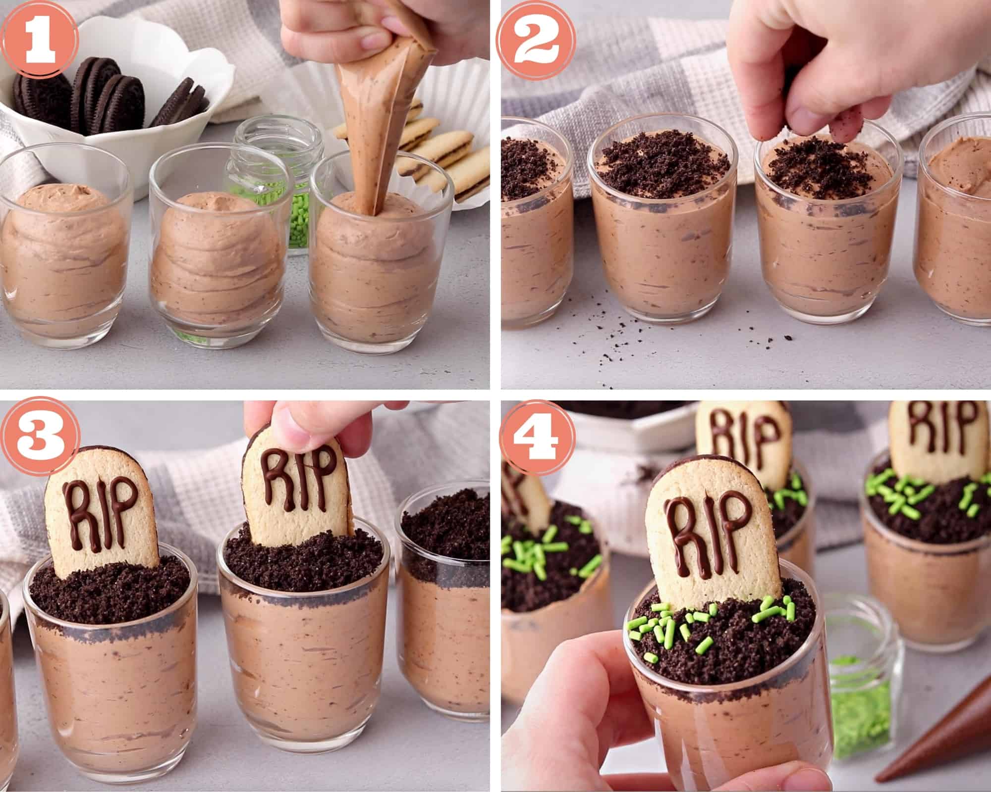 4 steps showing how to pipe mousse, top with dirt and assemble chocolate mousse graveyards for halloween
