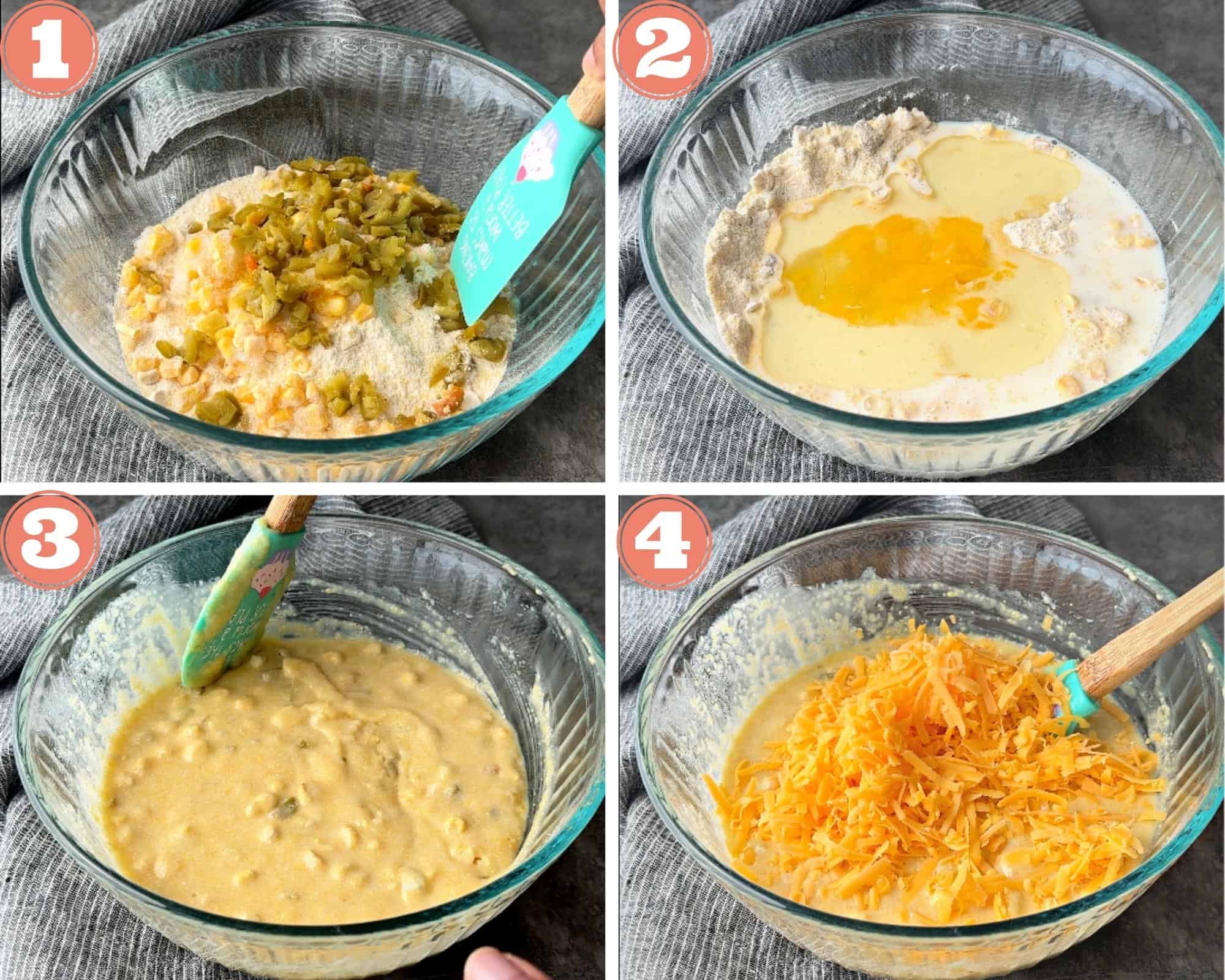 4-photo grid showing steps 1 to 4 or preparing cornbread batter with cheese, corn and jalapenos