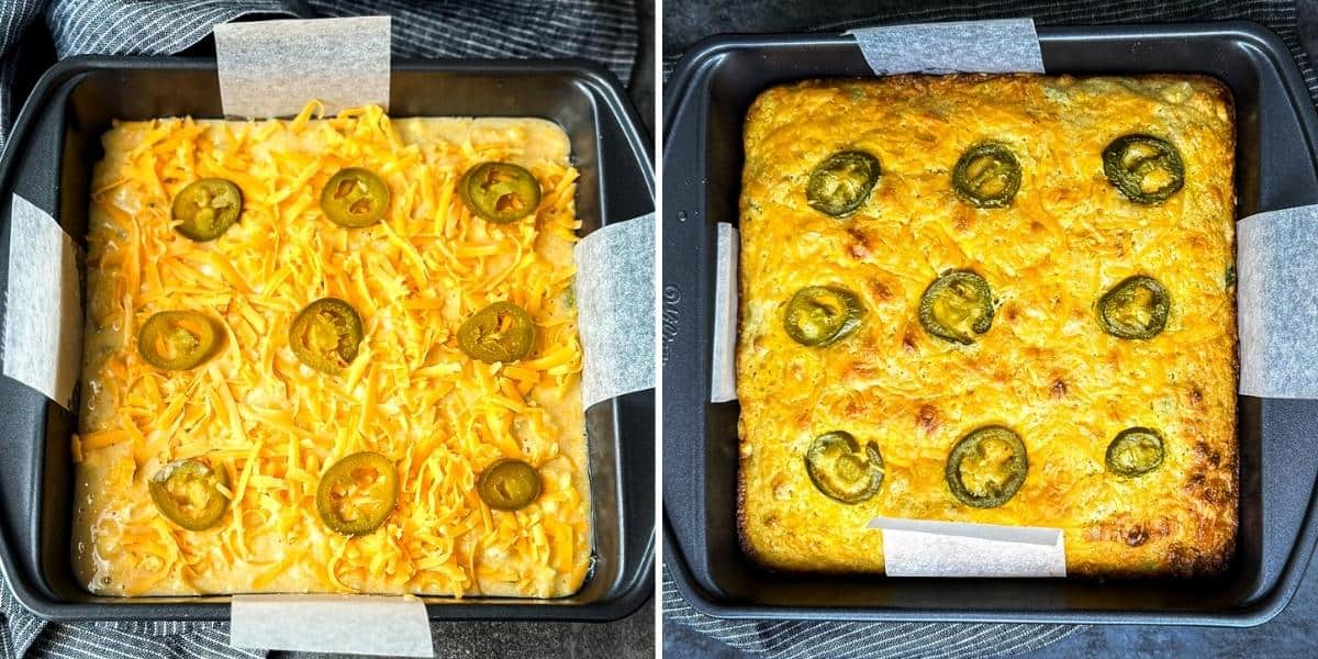 two photos showing raw and cooked state of cornbread batter topped with cheese and jalapeno