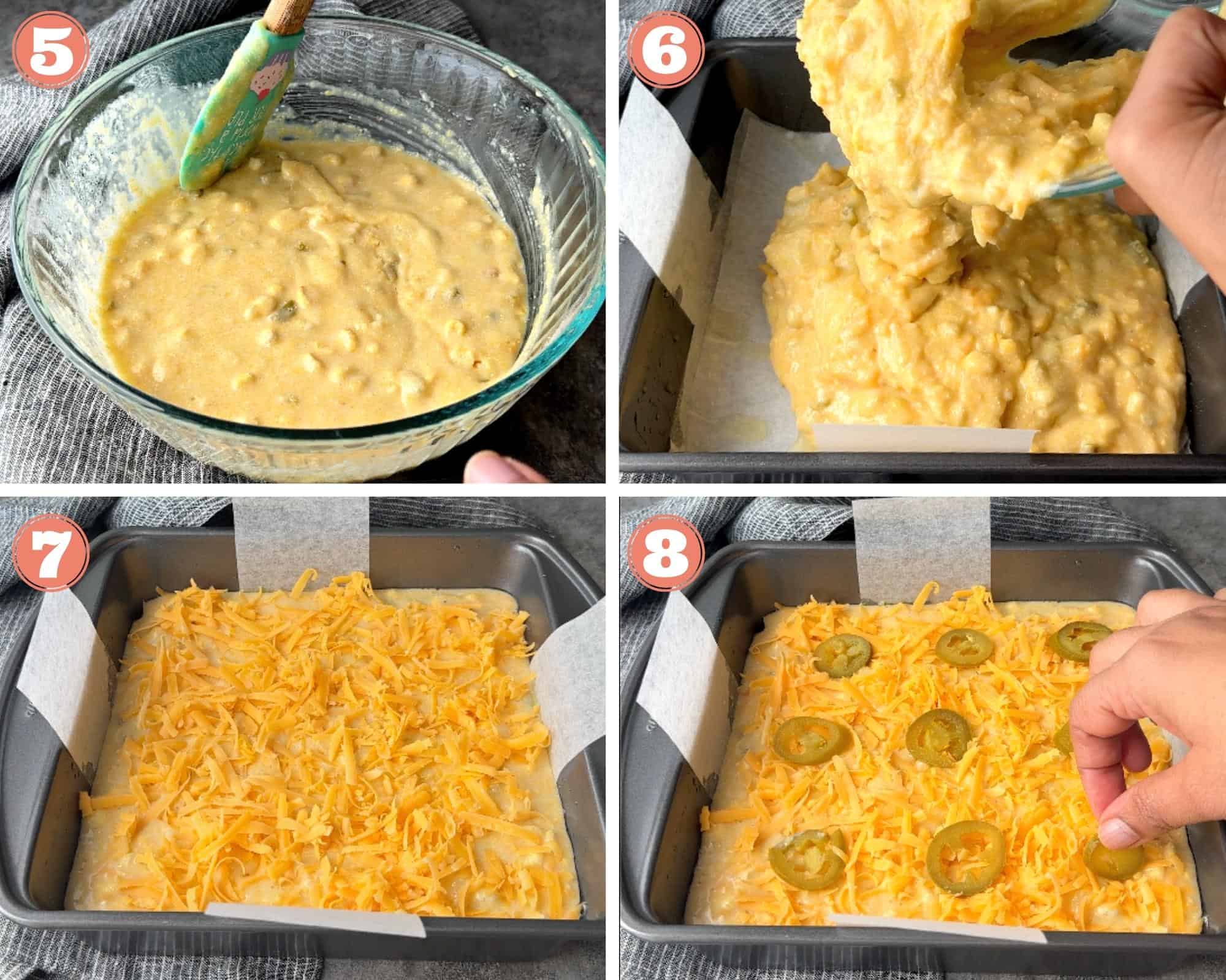 4-steps showing topping batter with cheese and jalapeno in baking pan