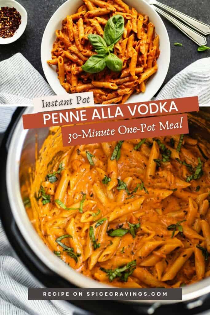 Penne pasta in creamy tomato sauce in white bowl on top, and in instant pot in bottom image