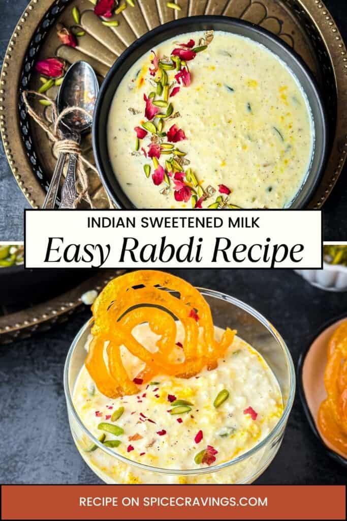 Two photos of rabdi decorated with rose and pistachios and served with jalebi