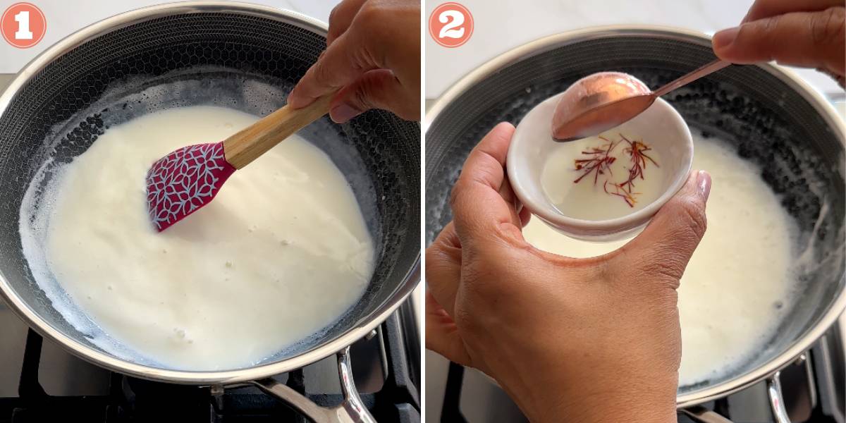Steps 1 and 2 showing thickening of milk and soaking saffron strands in milk