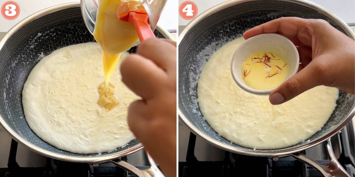 steps 3 and 4 showing adding condensed milk to pan followed by saffron milk