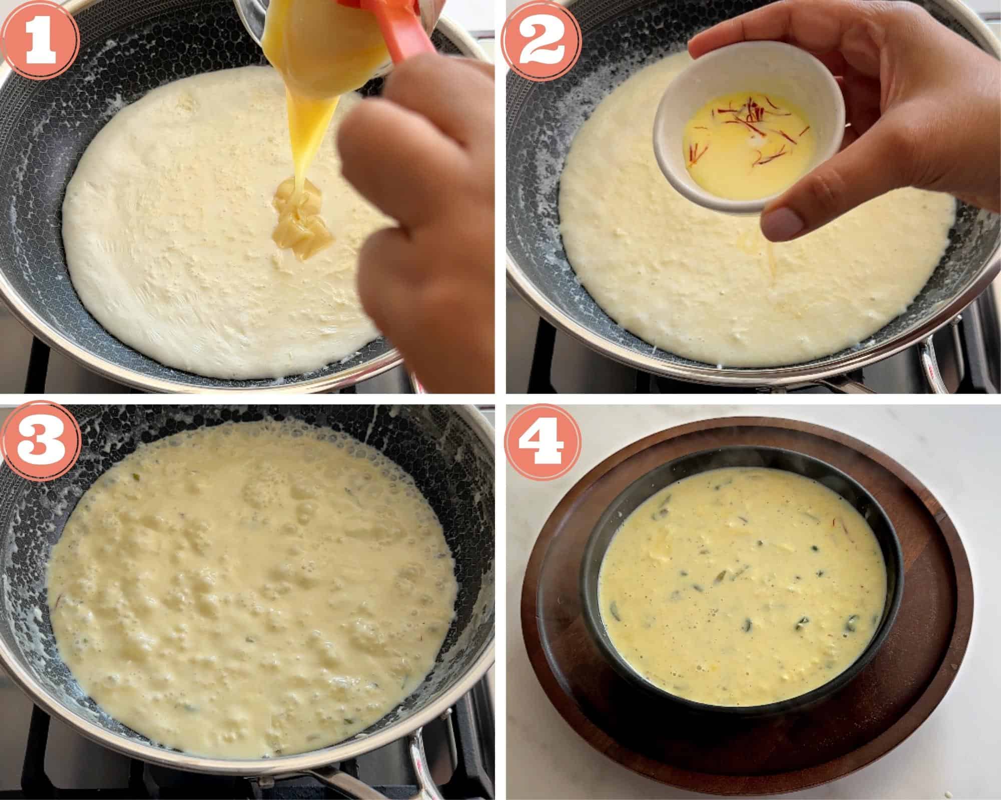 4 steps how to mix and simmer the rabdi in a pan