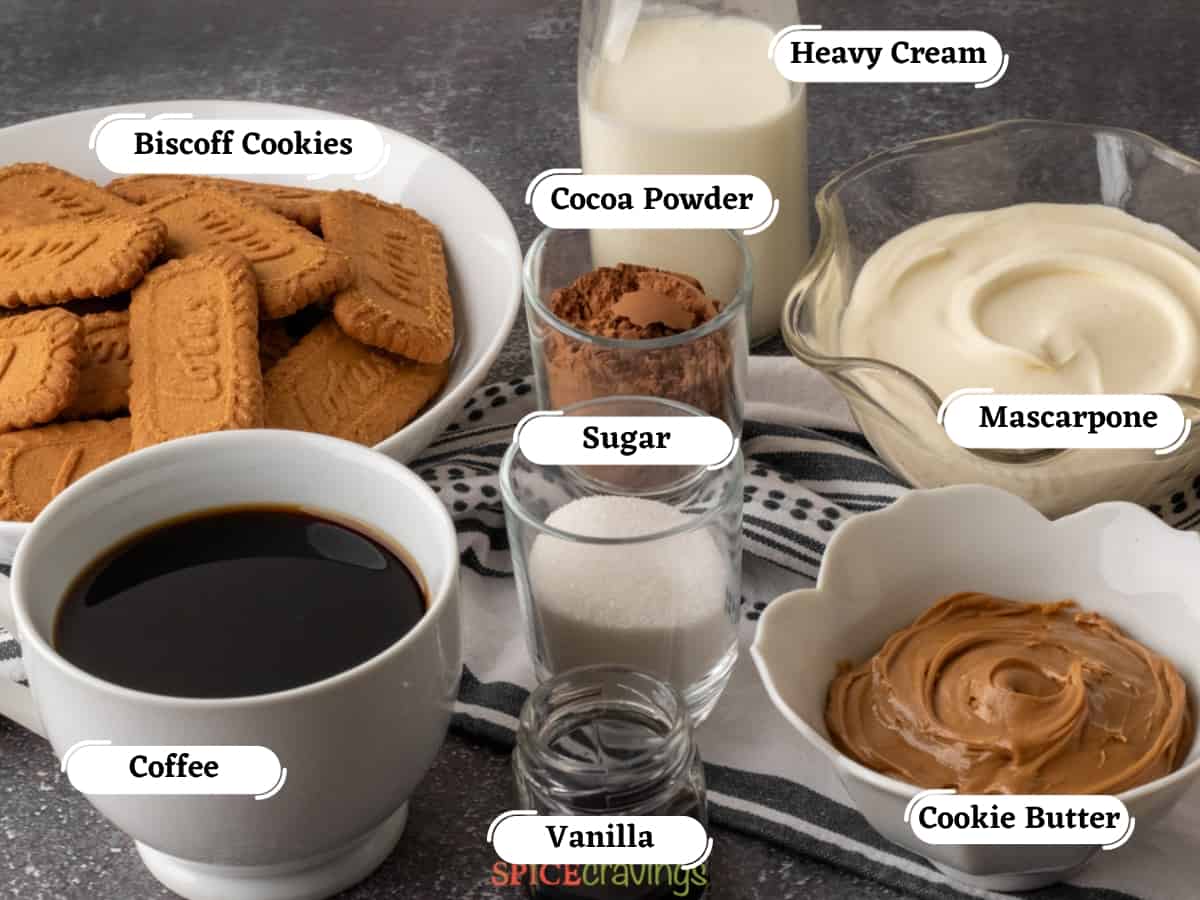 Biscoff cookies, coffee, cocoa powder, sugar, vanilla, heavy cream, mascarpone, speculoos cookie butter