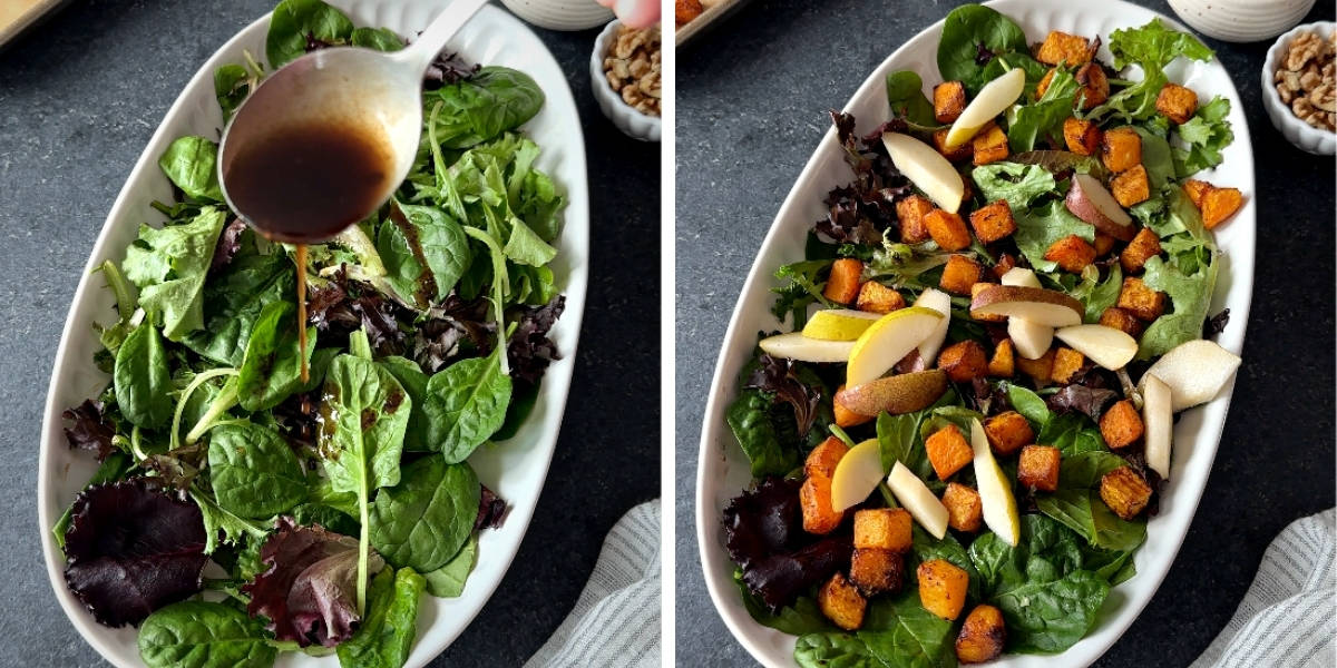 Two images showing adding dressing to salad greens and topped with pear slices and squash