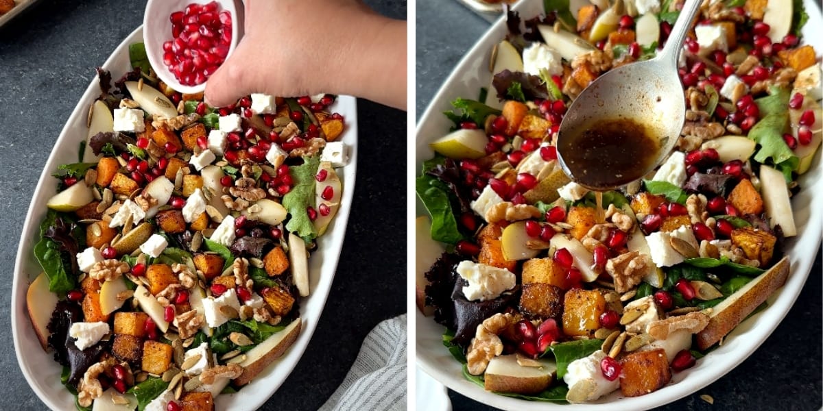 Two images showing adding pomegranate arils to a salad plate then adding dressing