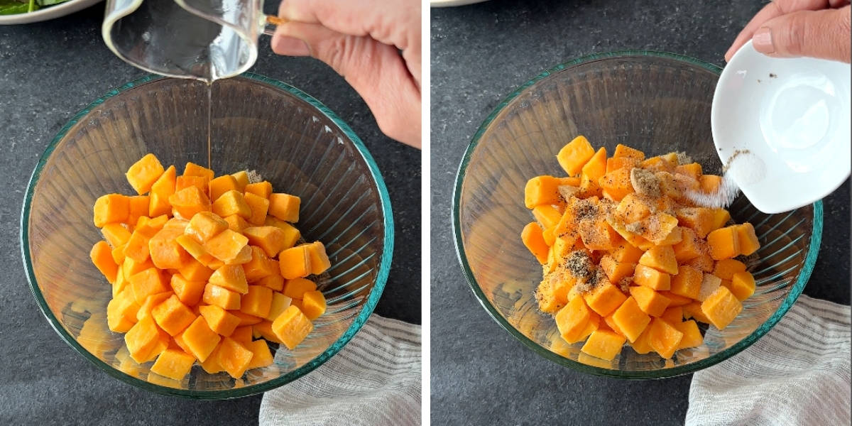 Two images showing seasoning butternut squash in a glass bowl with oil and spices