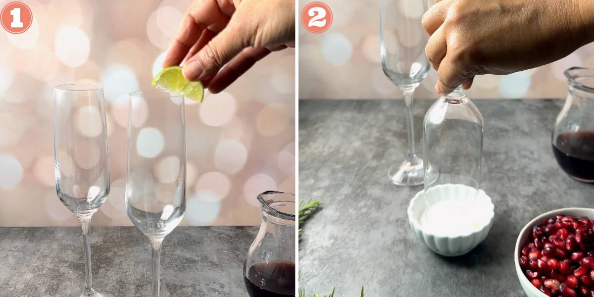 two images showing rubbing lime on glass rim then dipping it in sugar