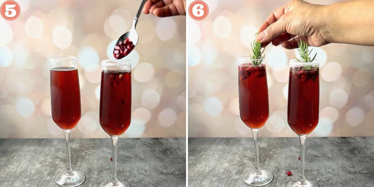 two images showing adding pomegranate arils and rosemary sprigs to flute glasses