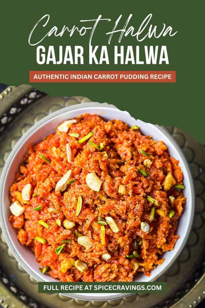 pinterest poster of carrot halwa in white bowl garnished with nuts