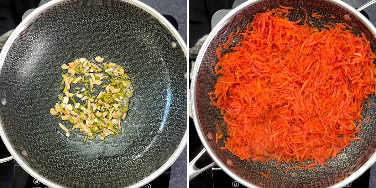 nuts being fried on the left, grated carrots in pan on the right
