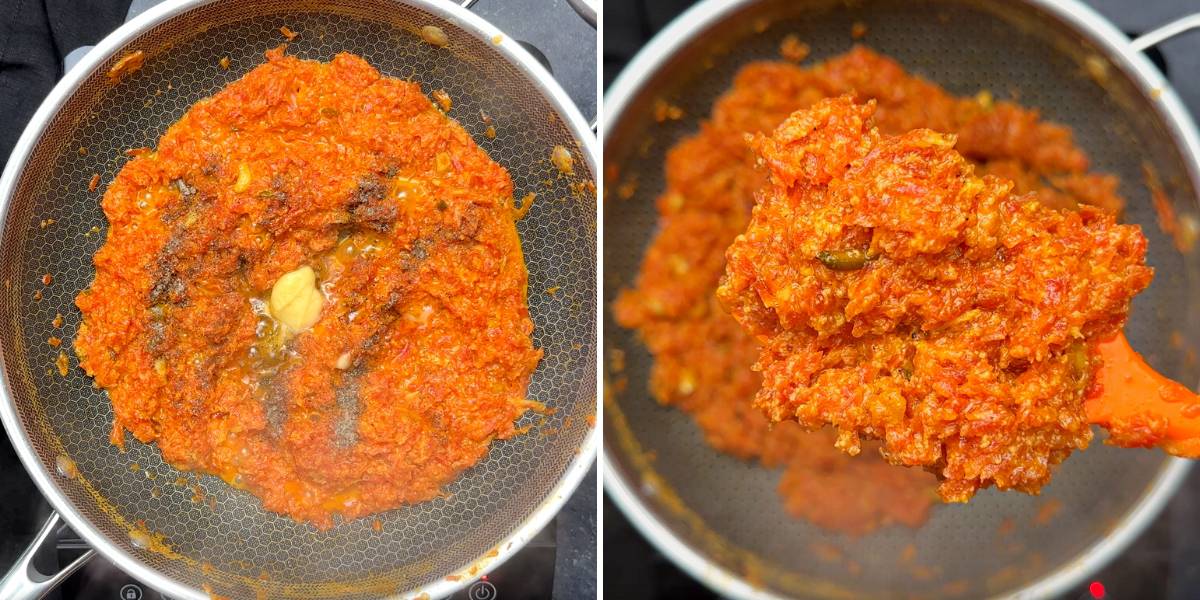 Two images showing cooked carrot halwa in non-stick pan and ladle