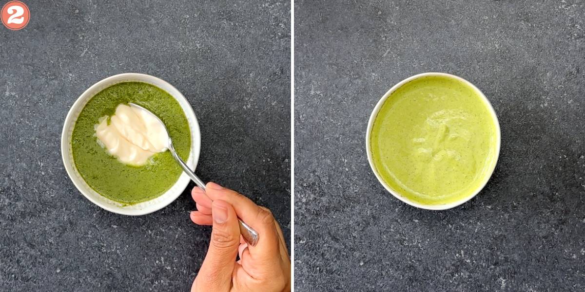 two step grid mixing together cilantro chutney mayo
