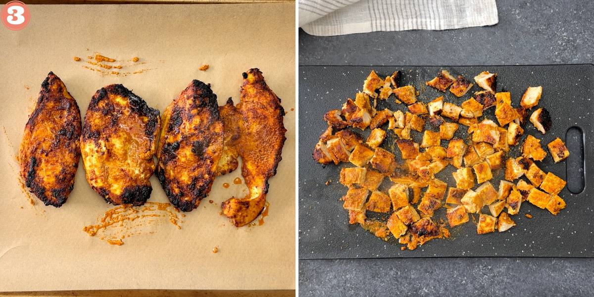 two step grid with grilled chicken and chicken cut in bite size pieces