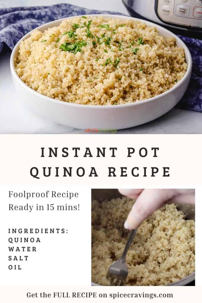 Cooked quinoa in white bowl on top, ingredient list and cooked quinoa shot at bottom