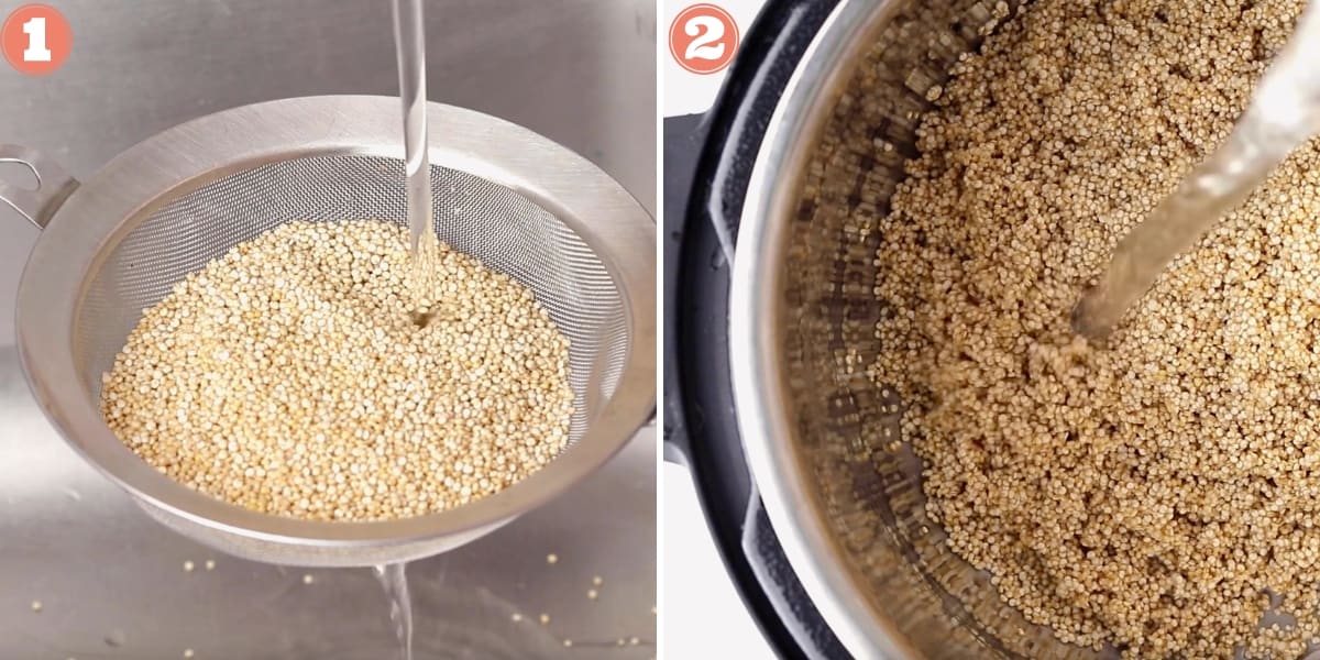 Rinsing quinoa on left, adding water to quinoa in instant pot on right