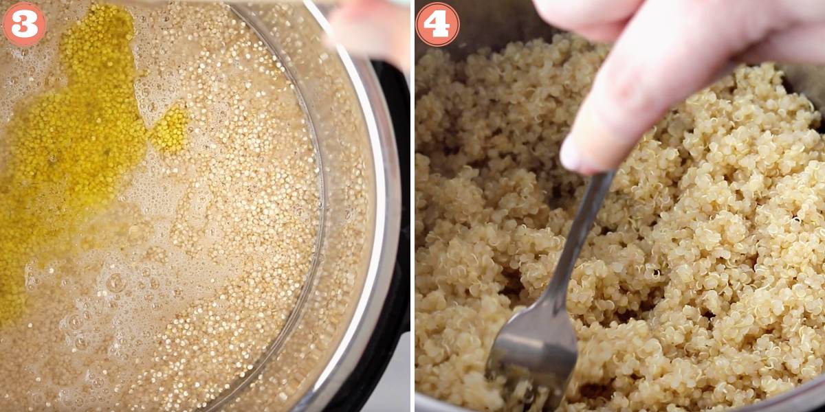 two photos showing quinoa grains in instant pot, then fluffing cooked quinoa with fork