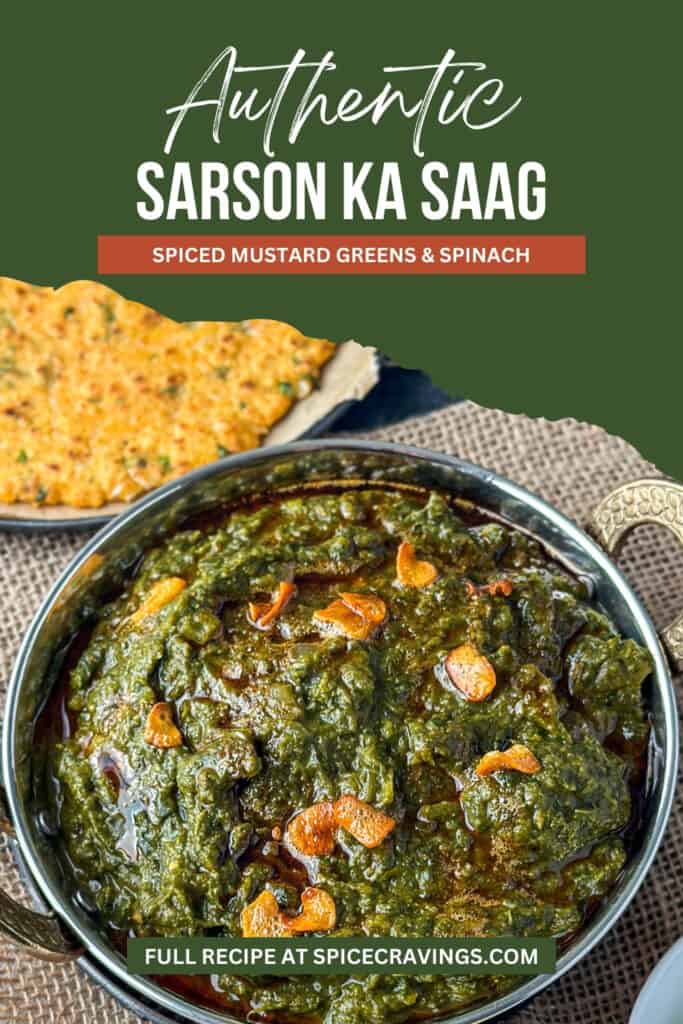 Pinterest poster for Sarson ka Saag, spiced mustard green in a bowl