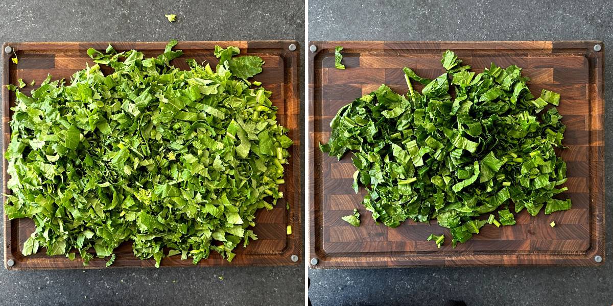 two images with chopped greens on wooden cutting board