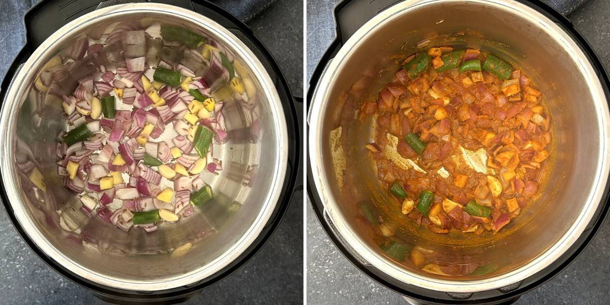 Two images showing onions and aromatics in the instant pot with spices