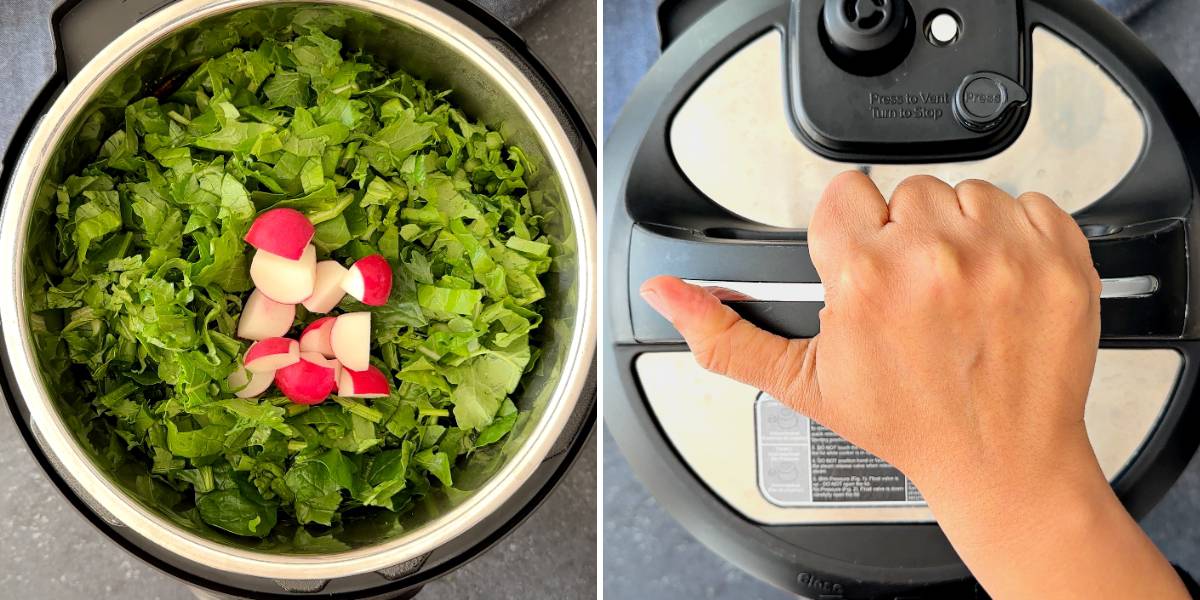 saag and radish in instant pot (left); hand closing instant pot lid (right)