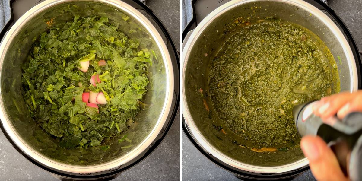 cooked greens in instant pot (left); pureed greens in instant pot (right)