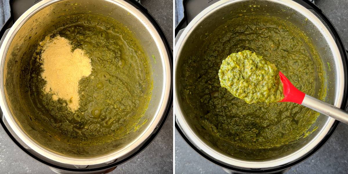 adding cornmeal to pureed greens in the instant pot