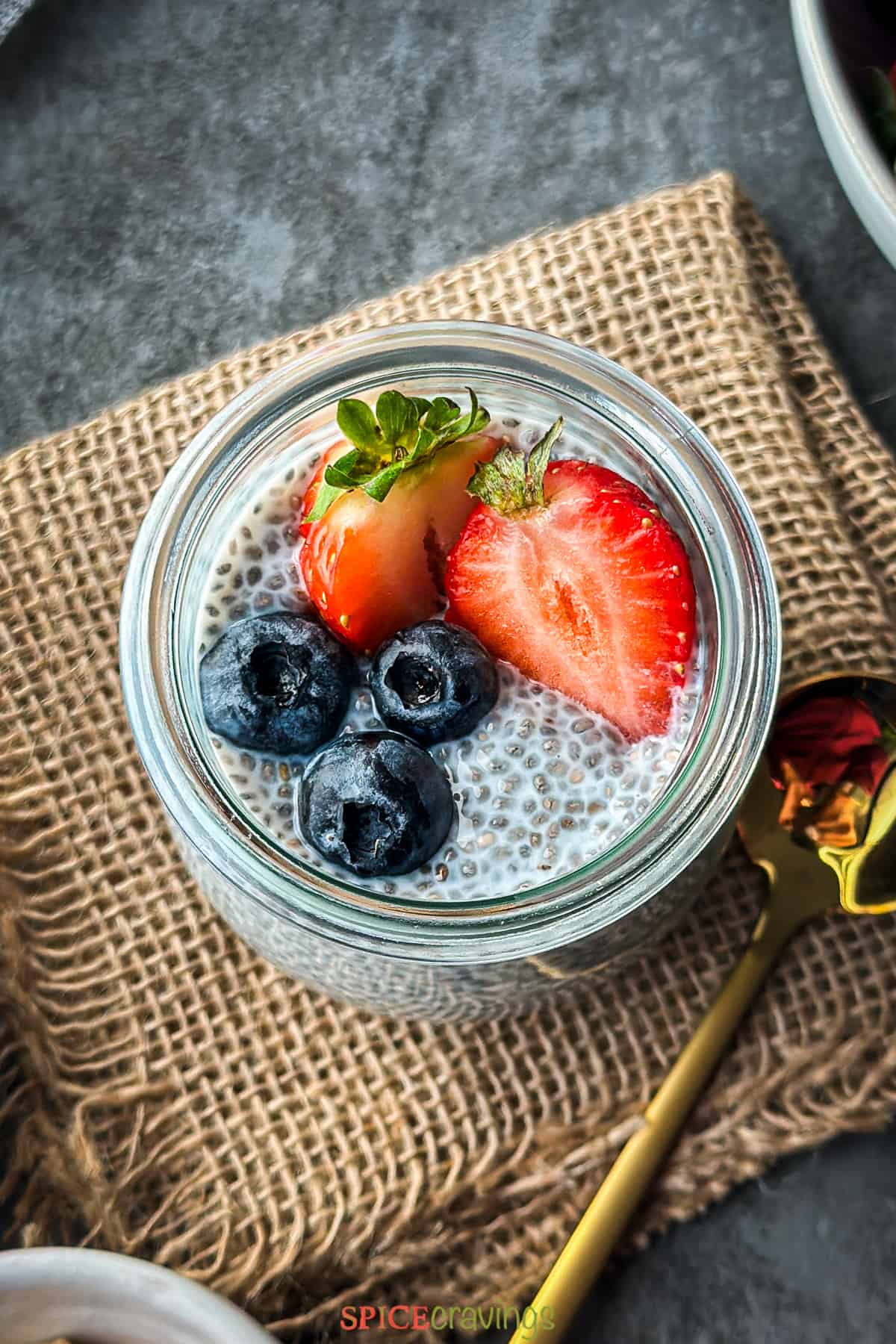 overhead shot of chia pudding topped with fresh fruit