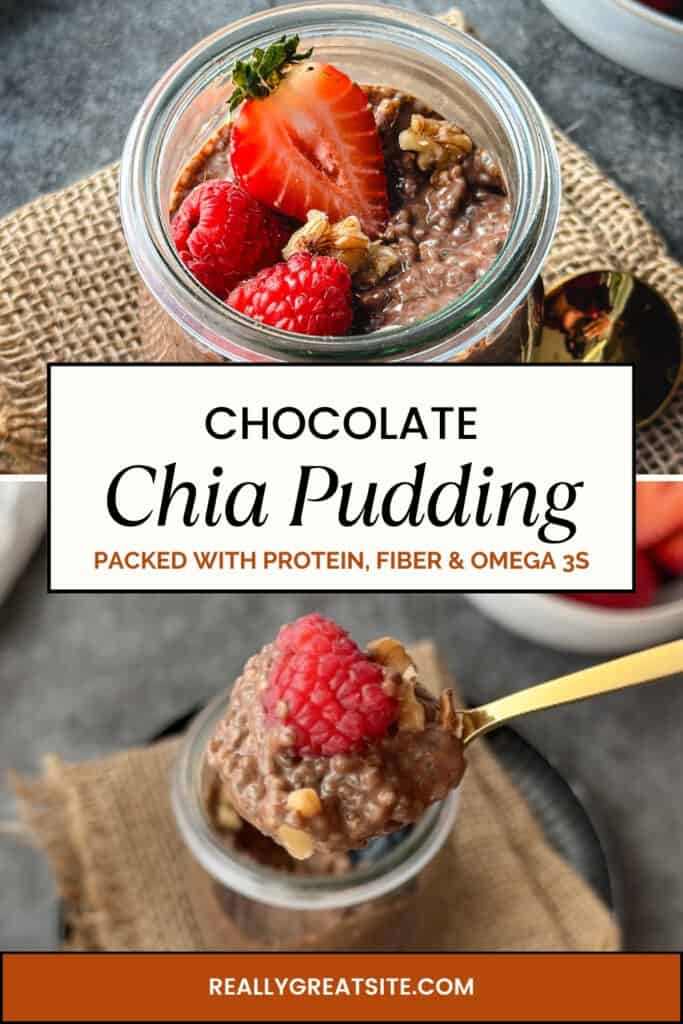 spoonful of chocolate chia pudding topped with fresh berries