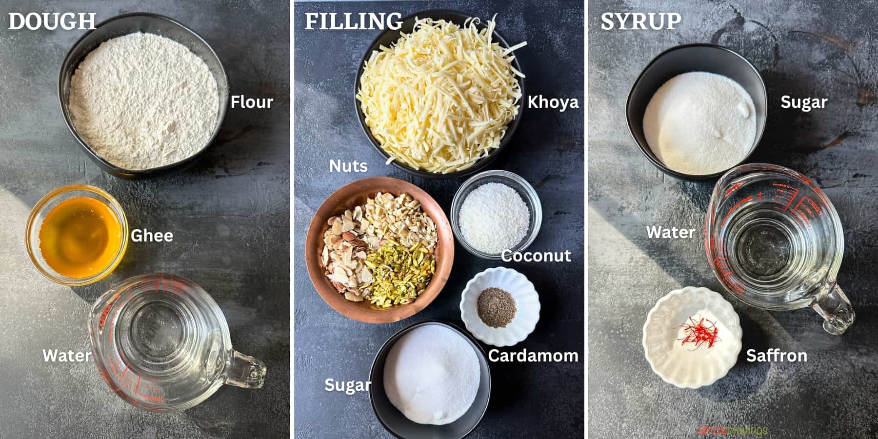 Gujiya Ingredients for making the dough, filling and sugar glaze on grey board