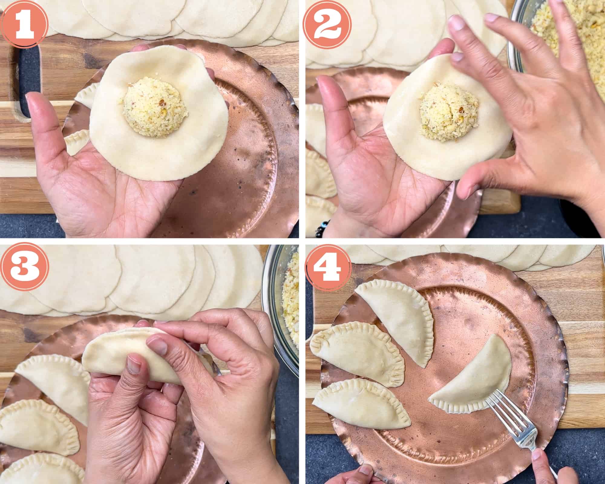 4-step images showing how to stuff gujiya, seal them and crimp edges using a fork