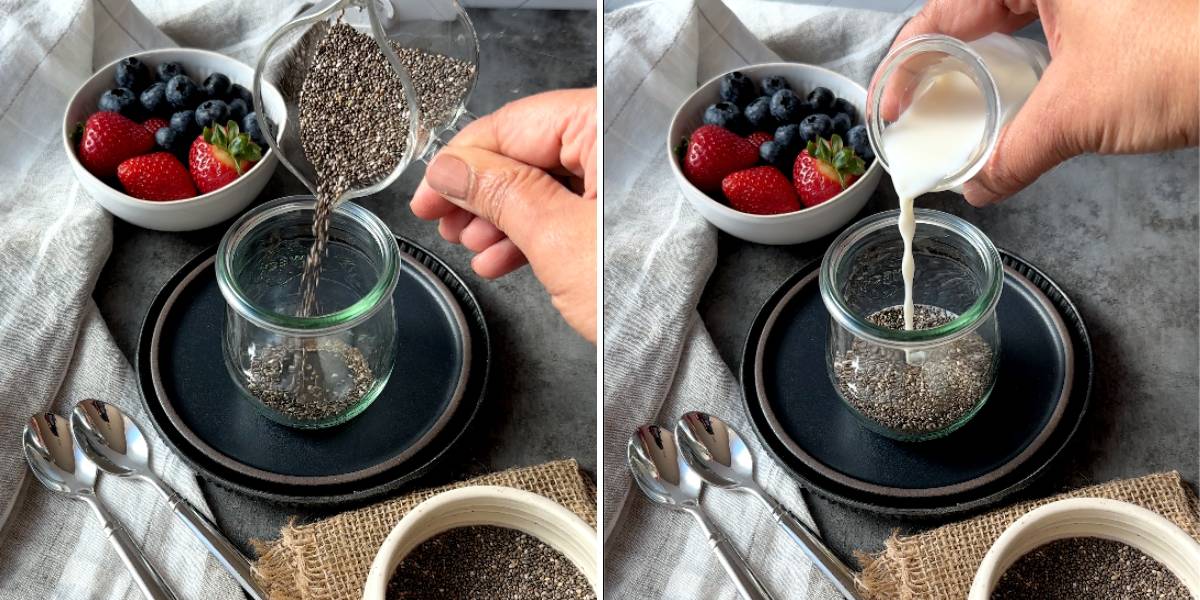 two step grid pouring chia seeds and milk in glass jar