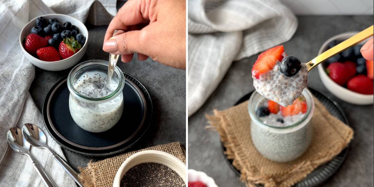 two step grid stirring chia pudding and topping with fruit