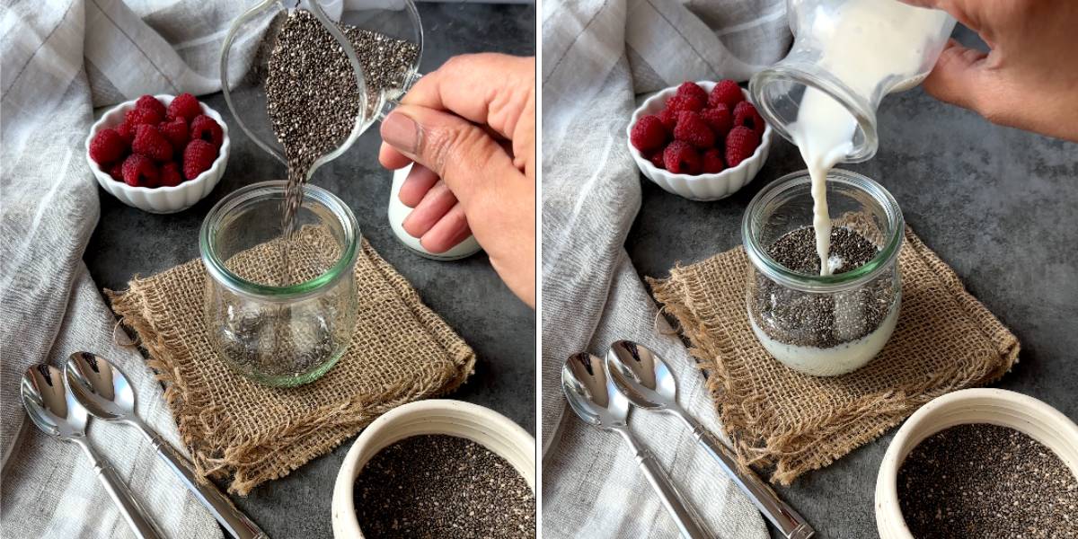 two step grid pouring chia seeds and milk into small glass jar