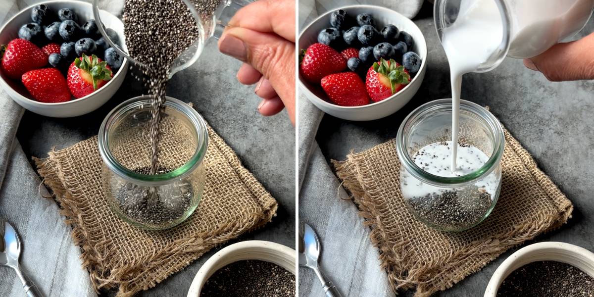 two step grid pouring chia seeds and light coconut milk in glass jar
