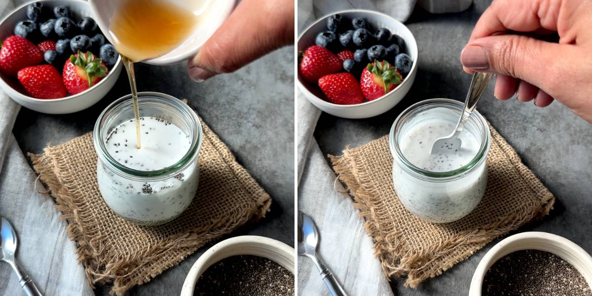 two step grid pouring in maple syrup and stirring coconut milk chia pudding recipe