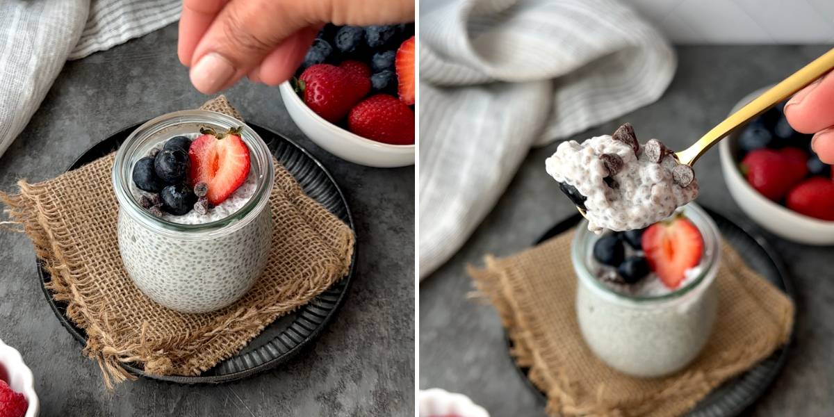 two step grid finishing coconut chia pudding recipe with fresh berries and eating with a spoon