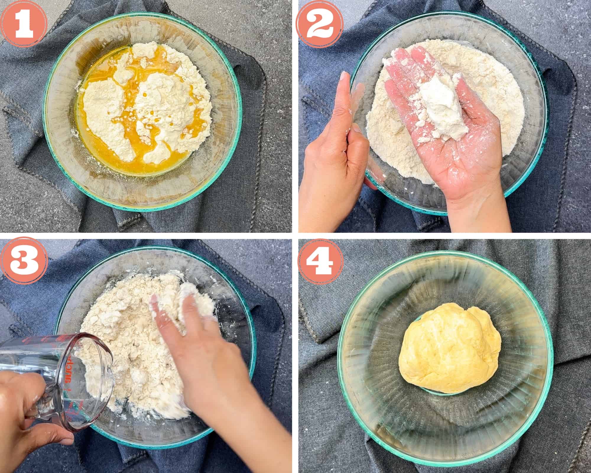 4-step images showing how to make pastry dough using flour, ghee and water